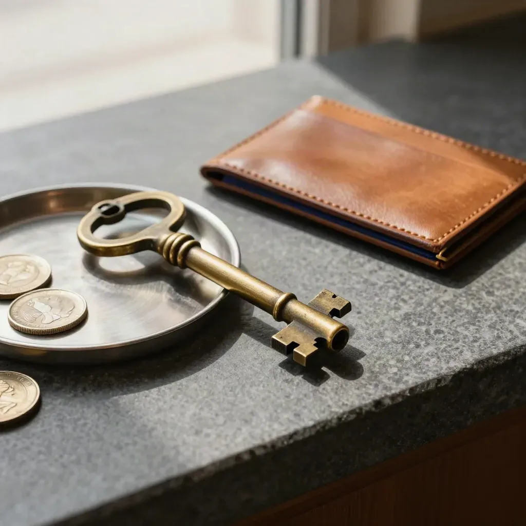 Brass vault key, coin tray, and leather card sleeve on stone in soft daylight.