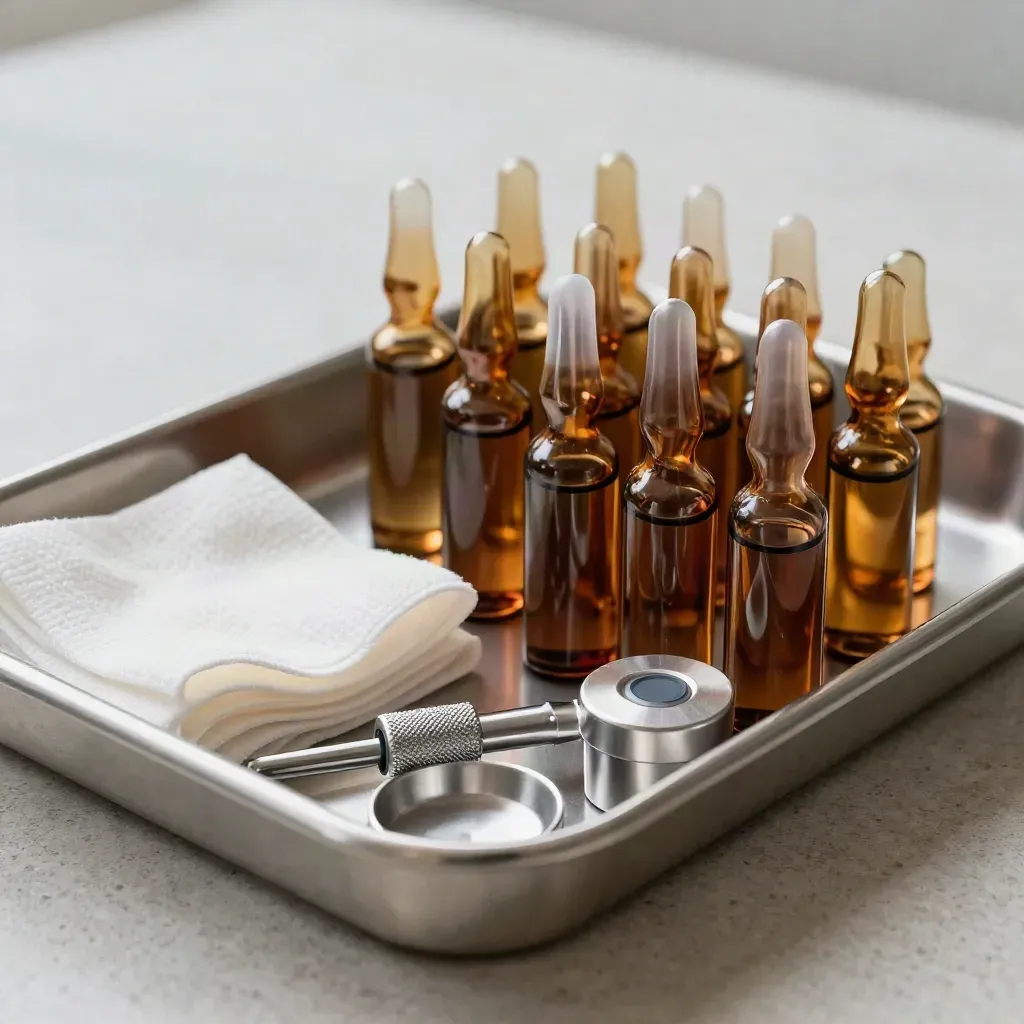 Stainless medication tray with amber ampoules, gauze, and pill crusher on pale stone.