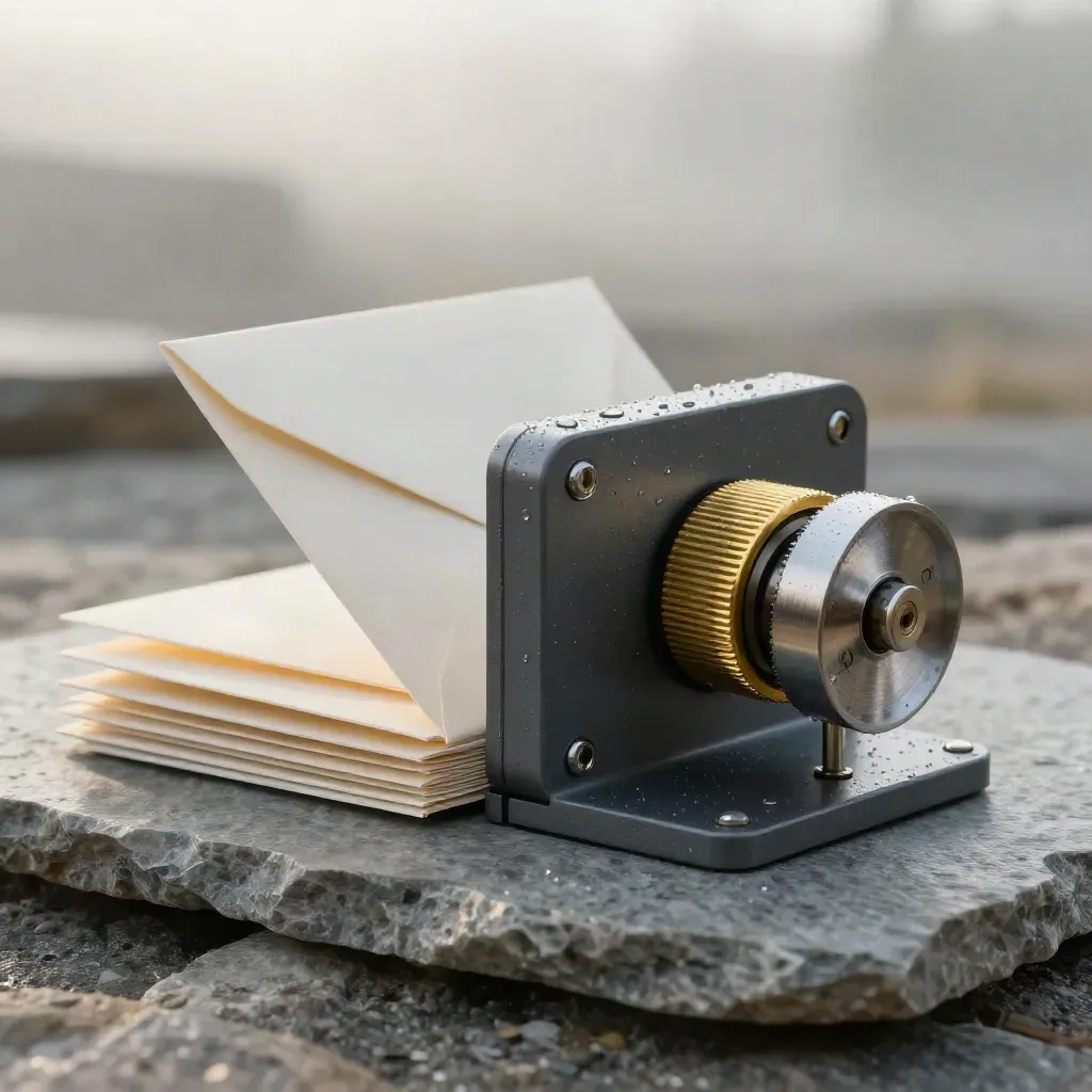 Graphite feedback kit with brass ring, punched cards, envelopes and score wheel on misty stone.