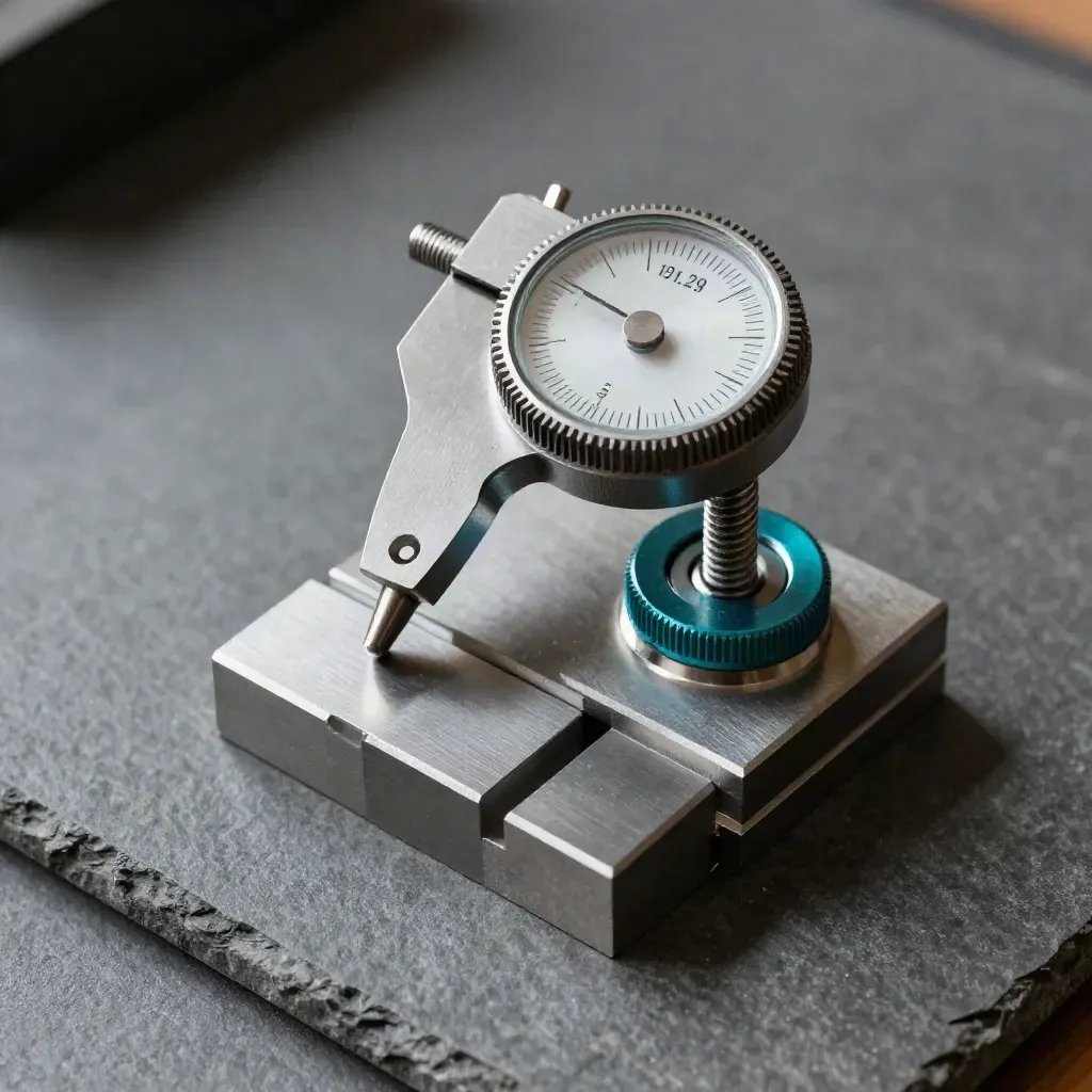Dial indicator and gauge blocks on graphite stone, lit by a hard rim of light.