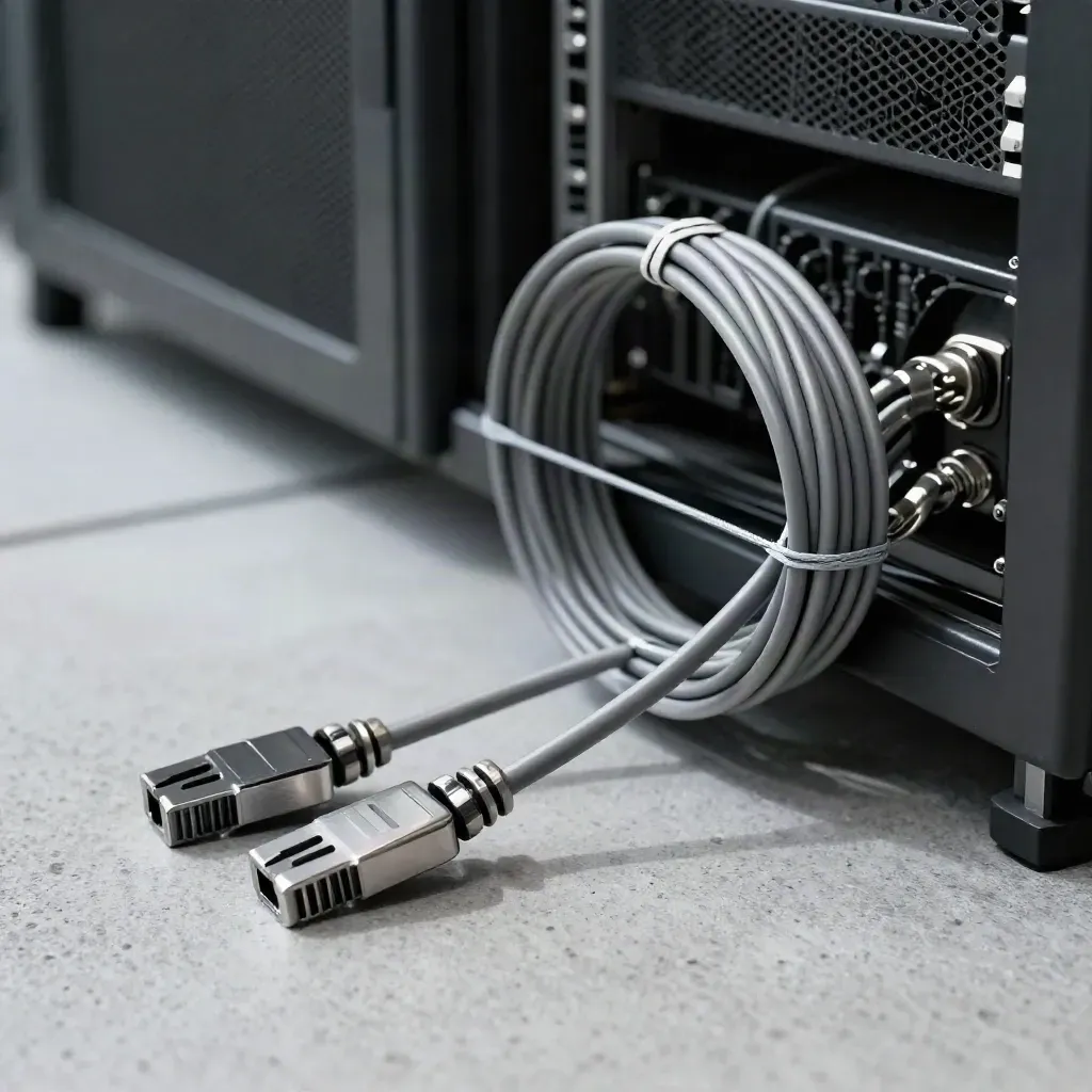 Server rail, fiber cable and cable combs on cool concrete with dramatic studio light.