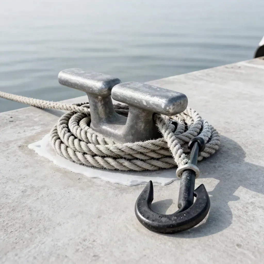 Mooring cleat, coiled rope and hook on a pale concrete ferry deck with salt mist