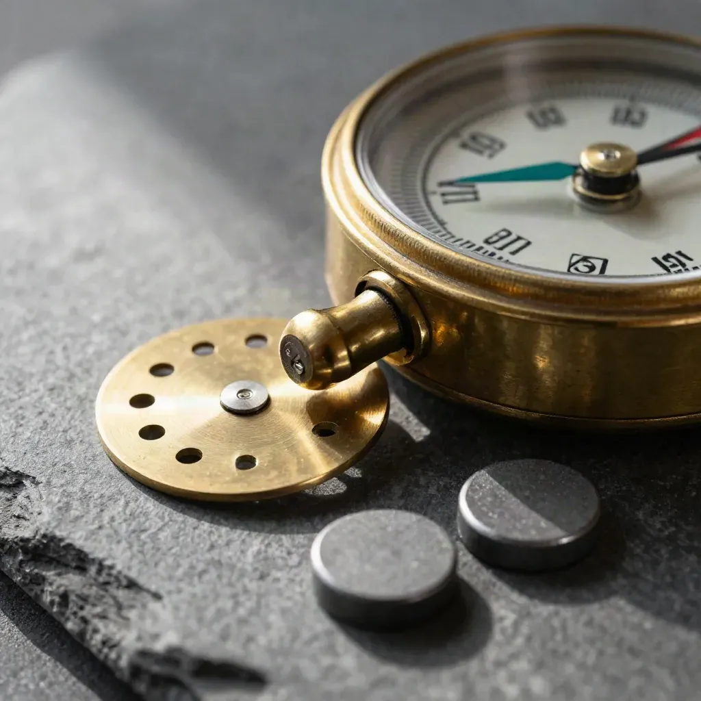 Brass NPS survey dial, reply disc and graphite chips on a cool stone surface.