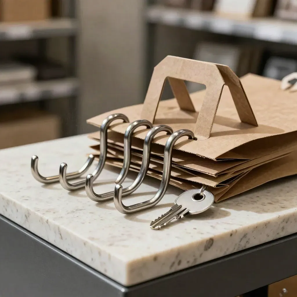 Retail display hooks, kraft bag handles, and a security tag pin on pale stone.