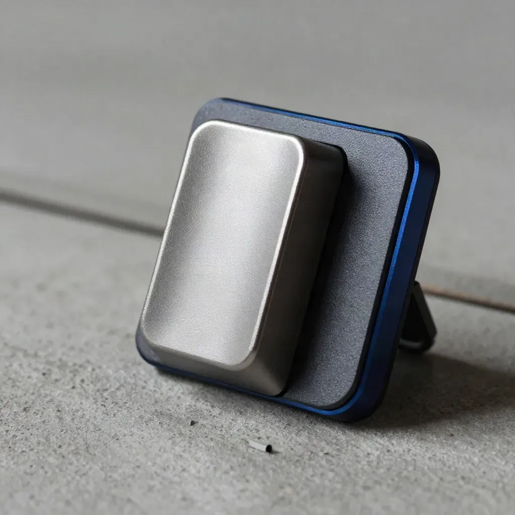 Brushed aluminum clip module snapped onto a matte adhesive mount on concrete-gray surface.