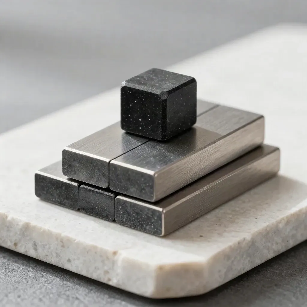 Graphite score bars with a stone weight on pale stone, seen in tight overhead macro.