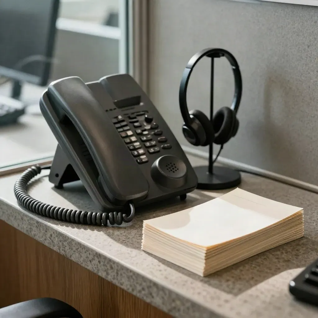 Desk phone handset, headset stand, and blank task cards in a textured office close-up.