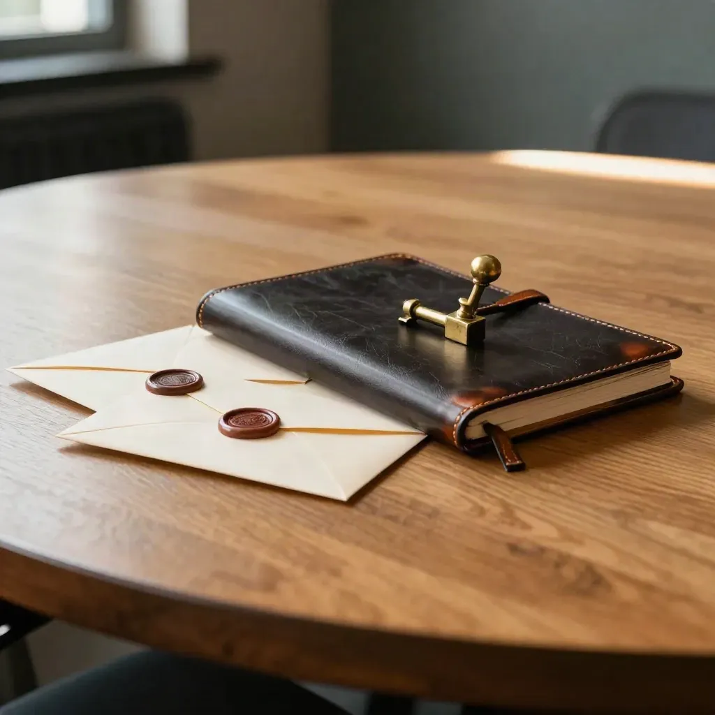 Leather notebook, brass weight, and sealed envelopes on a honey-oak surface in dramatic studio light