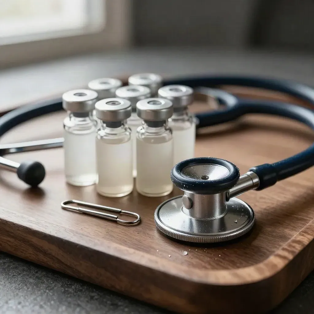 Macro still life of a stethoscope, glass vials, and a folded file clip in warm light.
