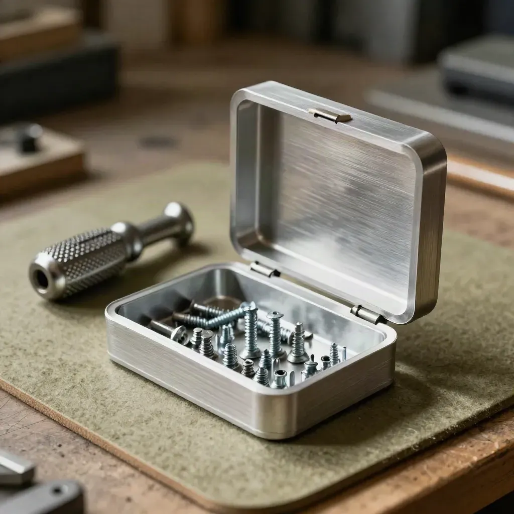Open prototype enclosure, hex driver, and screws on a khaki bench in dramatic macro light.