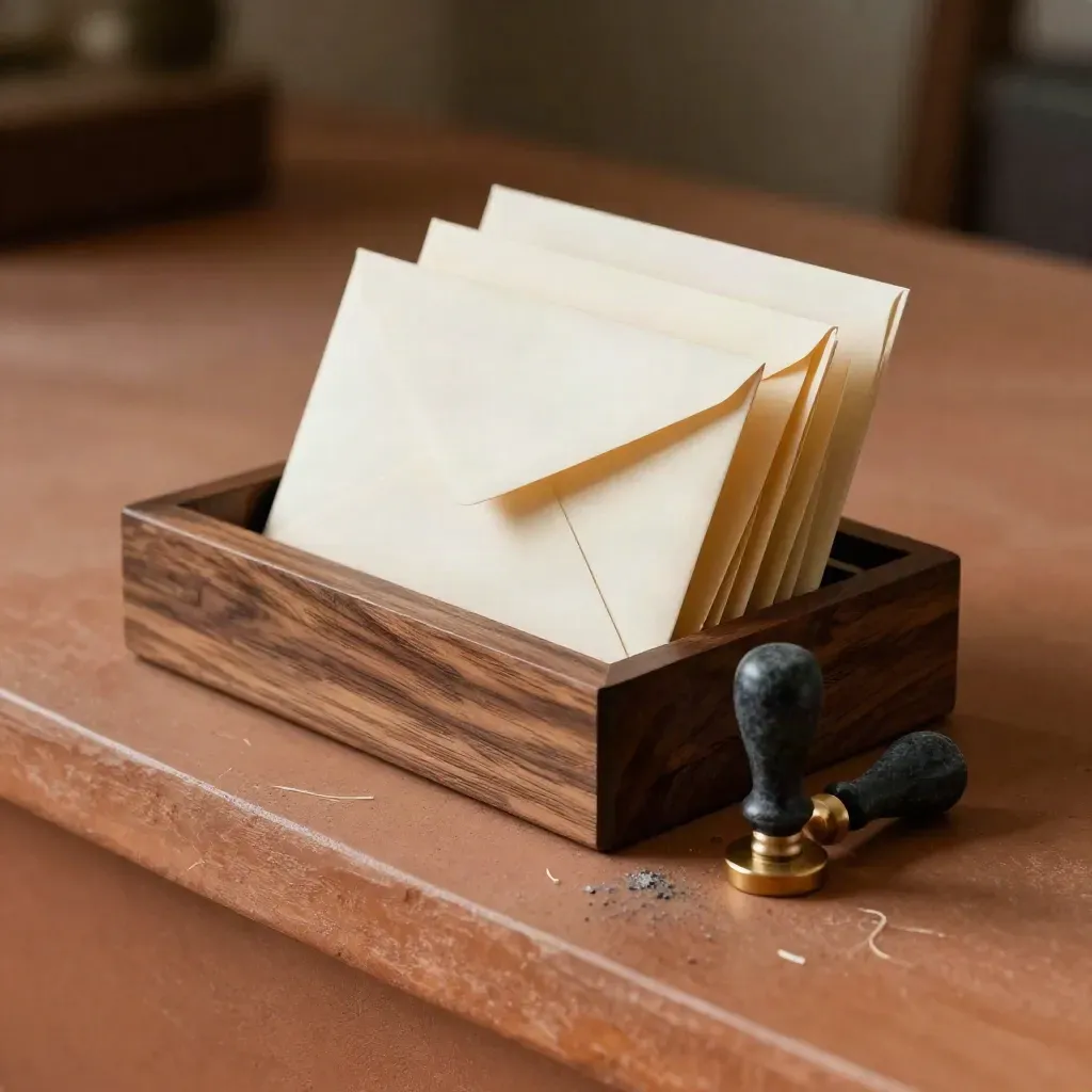 Top-down still life of a mail sorter, wax seal stick, and blank envelopes on terracotta plaster.