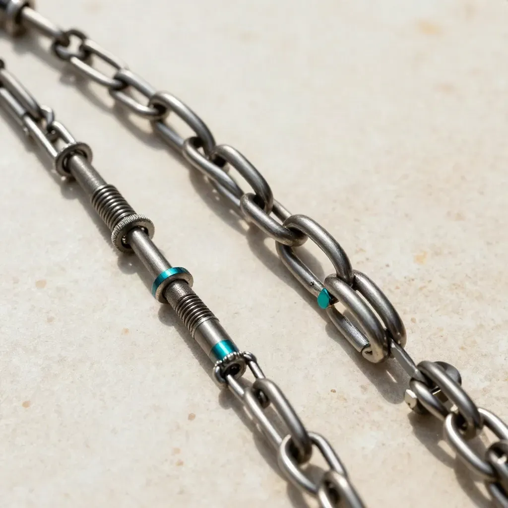 Overhead macro of interlocked metal rings and connectors on pale stone with teal accent
