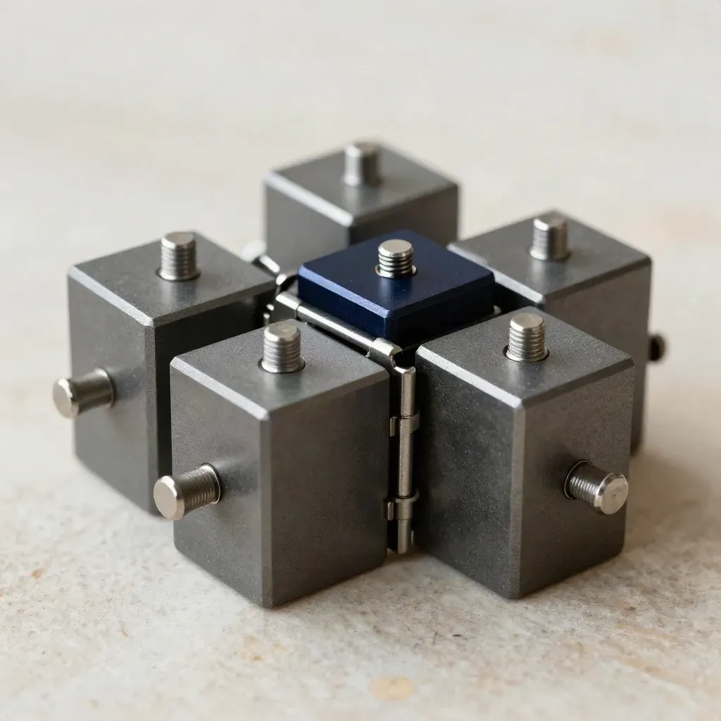 Macro still life of hex blocks, hinge plates, and steel pins on limestone with a navy accent.