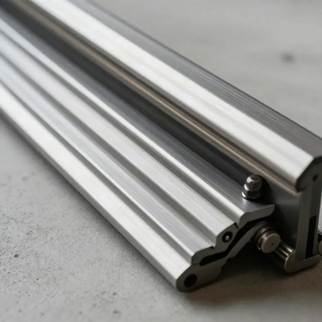 Brushed aluminum rails and spacers on concrete, lit dramatically from above.