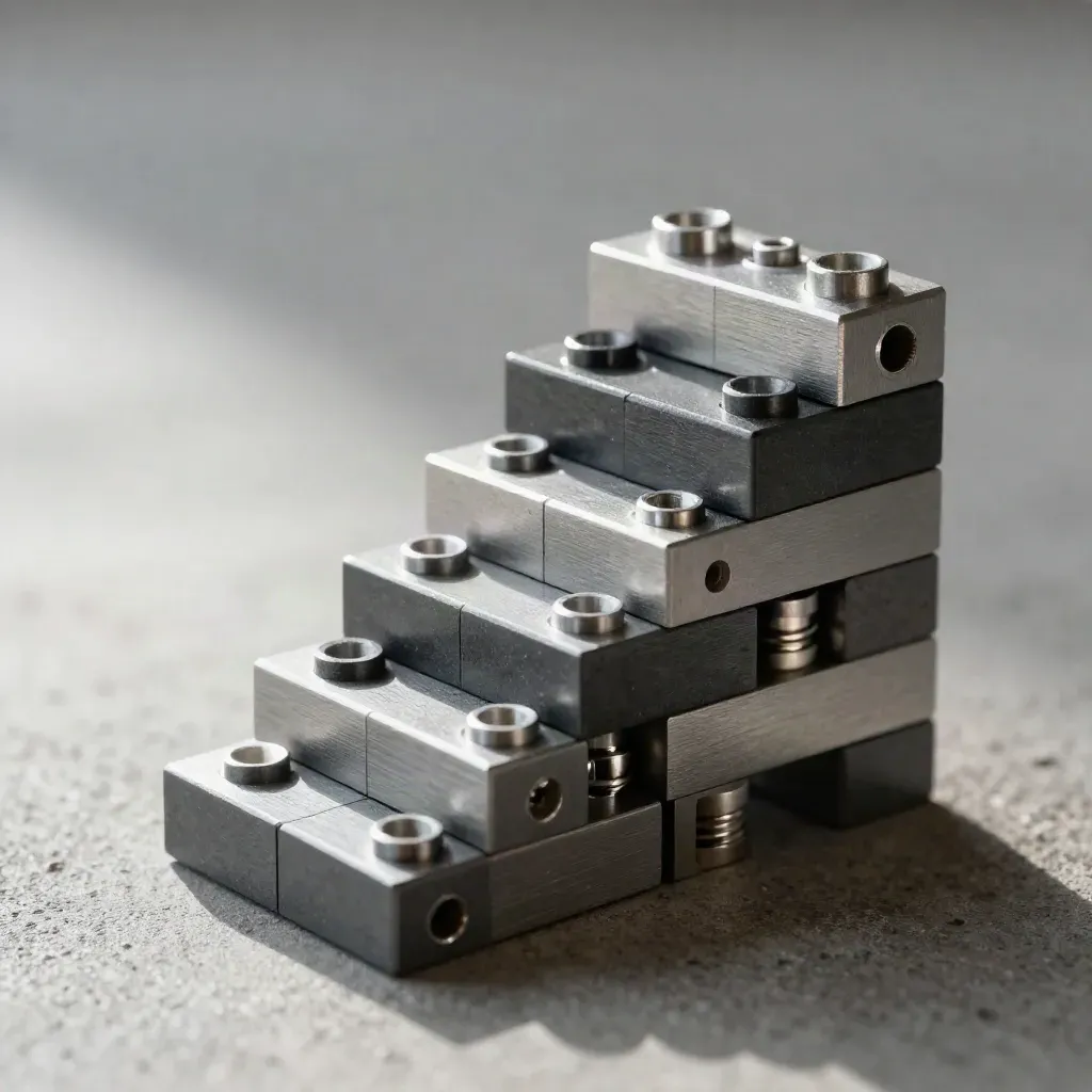 Graphite modular blocks and locking pins assembling on slate concrete in raking light.