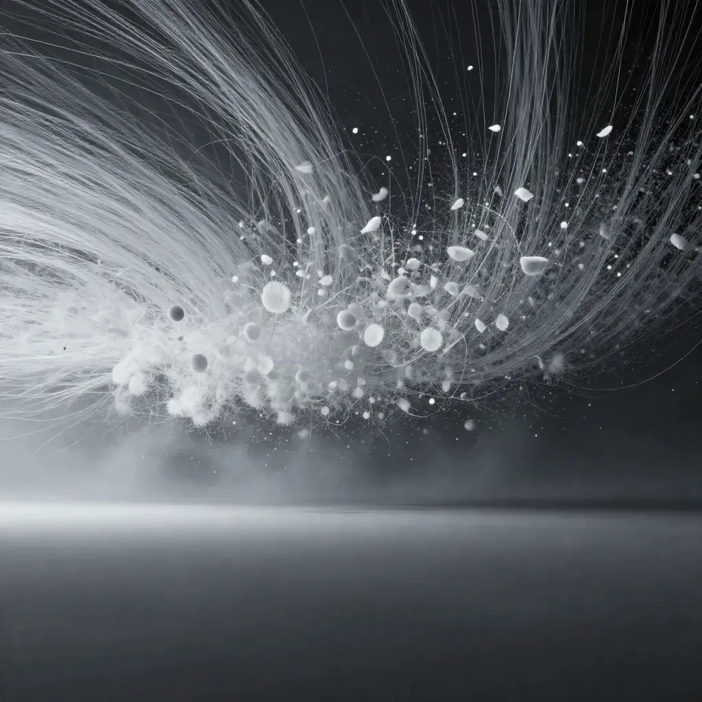 Silver filaments bloom in graphite haze with calm space for copy.